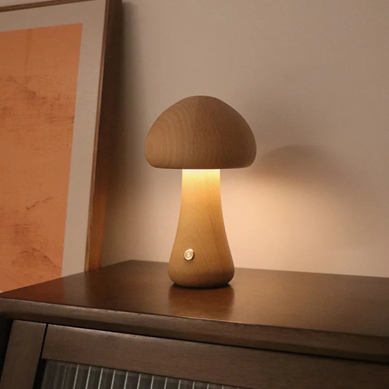Cute Mushroom LED Night Light Wooden Bedside Table Lamp with Touch Switch Room Decoration High-level Environmental Mushroom Lamp