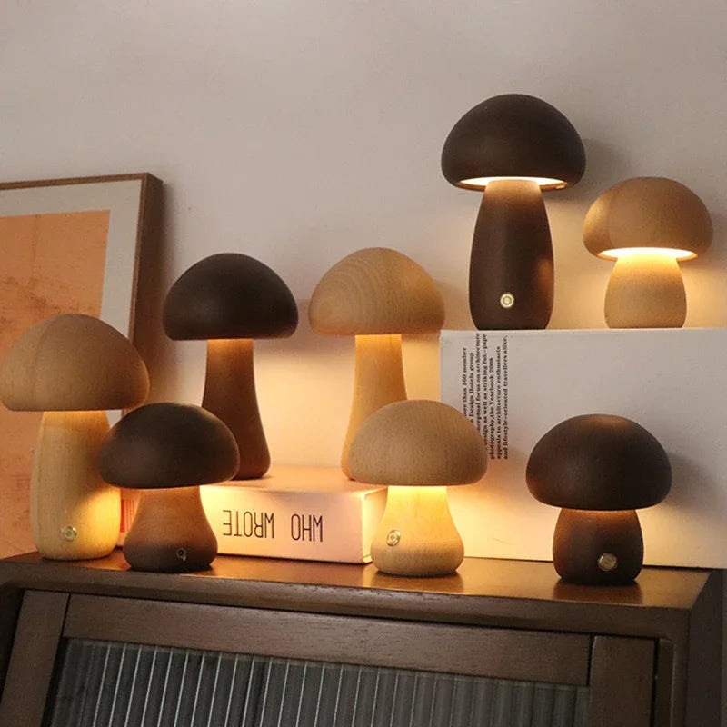 Cute Mushroom LED Night Light Wooden Bedside Table Lamp with Touch Switch Room Decoration High-level Environmental Mushroom Lamp