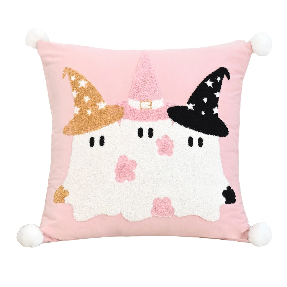 Pink Halloween Ghost Pillow Cover – Embroidered 18x18 Decorative Throw Pillow – Spooky Cute Halloween Decor (Cover Only)