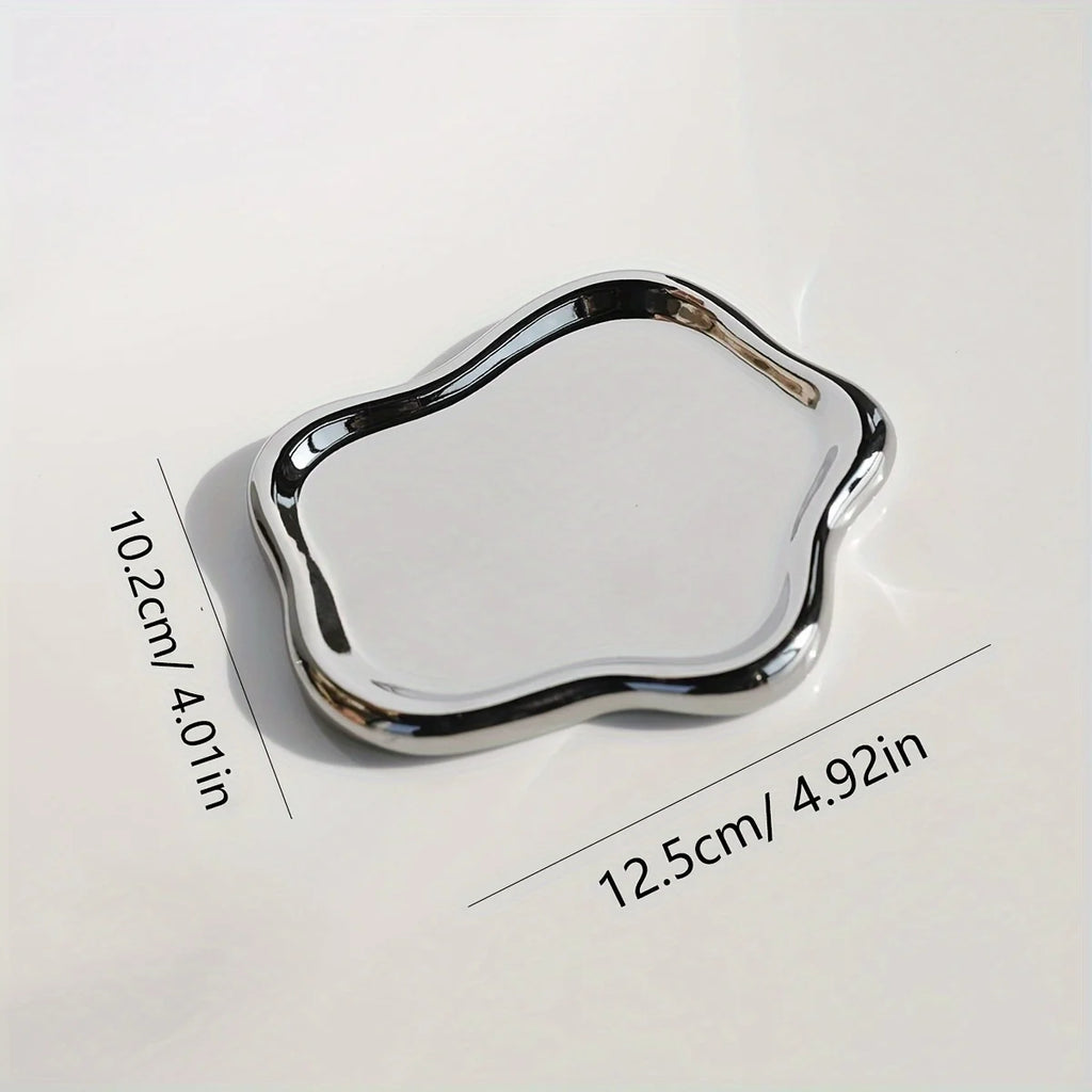 Silver tray with dimensions labeled on a white background