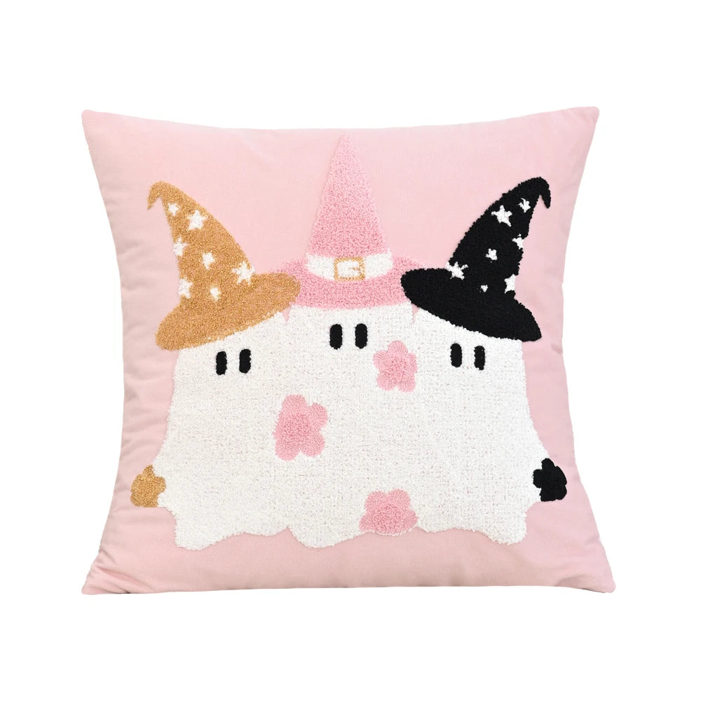 Pink Halloween Ghost Pillow Cover – Embroidered 18x18 Decorative Throw Pillow – Spooky Cute Halloween Decor (Cover Only)