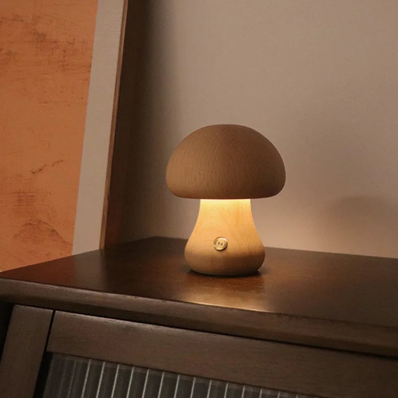 Cute Mushroom LED Night Light Wooden Bedside Table Lamp with Touch Switch Room Decoration High-level Environmental Mushroom Lamp