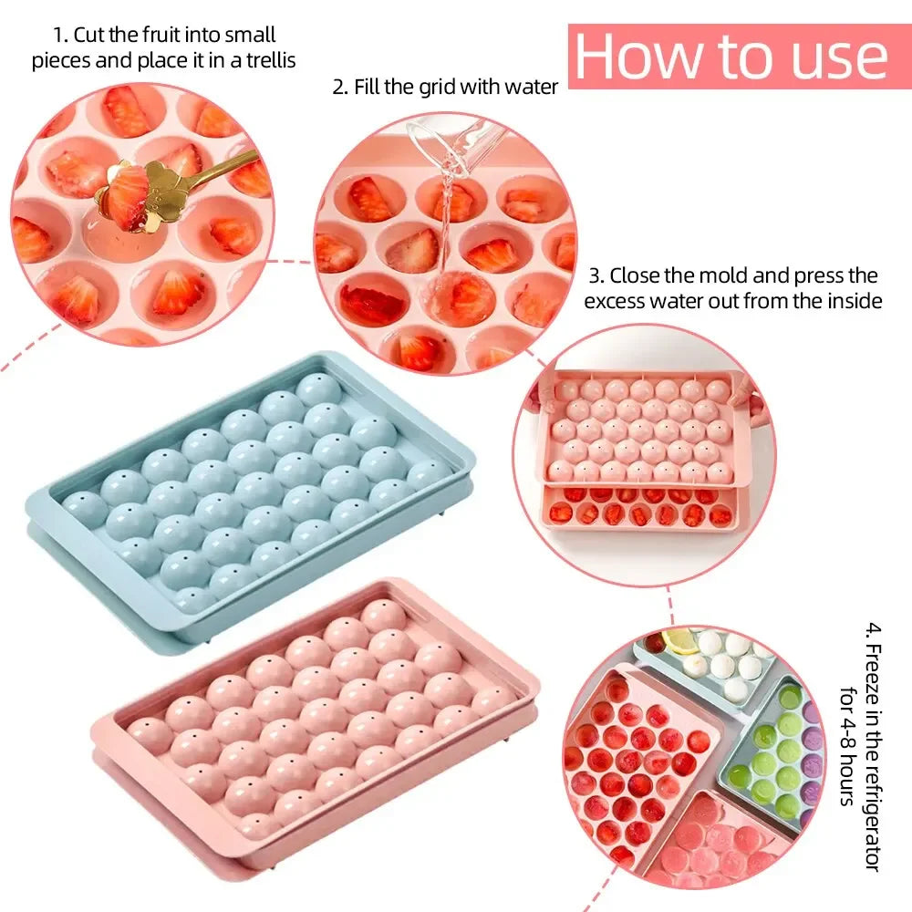 33-Cavity Ice Ball Cube Tray with Lid – Mini Round Ice Mold for Freezer – Small Sphere Ice Maker for Whiskey, Cocktails, and Beverages