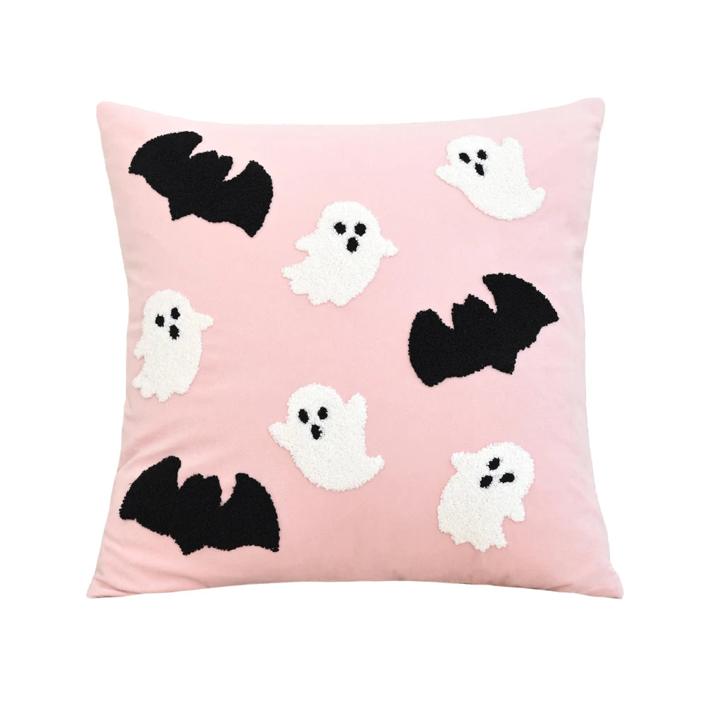 Pink Halloween Ghost Pillow Cover – Embroidered 18x18 Decorative Throw Pillow – Spooky Cute Halloween Decor (Cover Only)