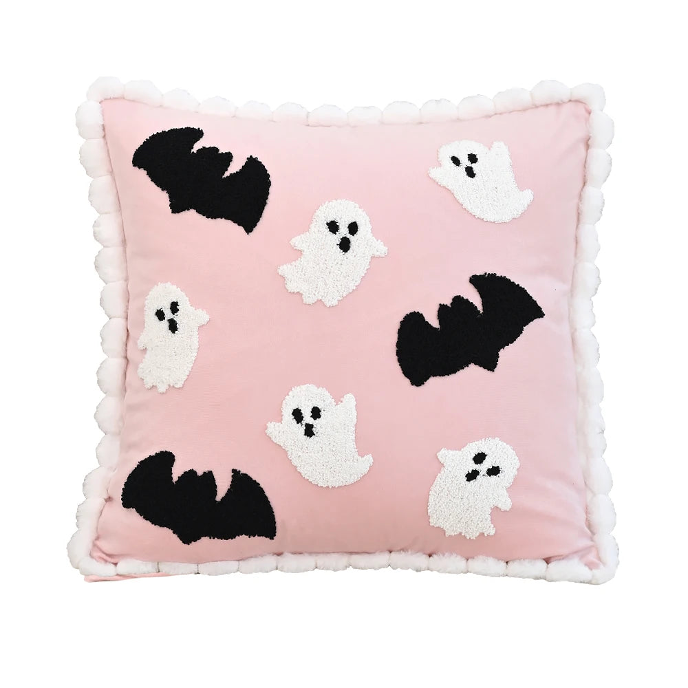 Pink Halloween Ghost Pillow Cover – Embroidered 18x18 Decorative Throw Pillow – Spooky Cute Halloween Decor (Cover Only)